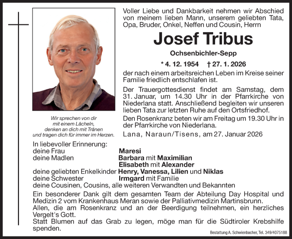 Traueranzeige von Josef Tribus von Dolomiten