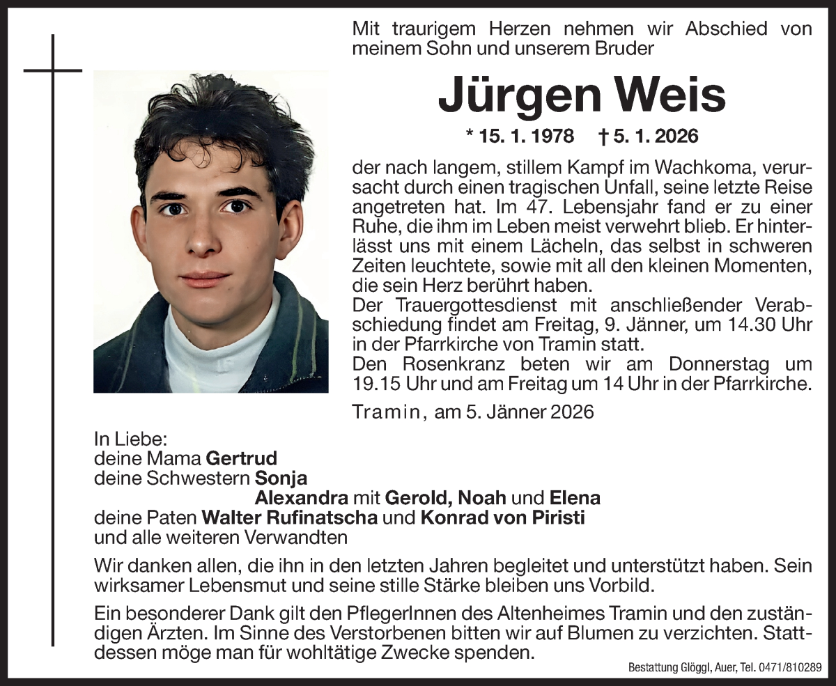  Traueranzeige für Jürgen Weis vom 07.01.2026 aus Dolomiten