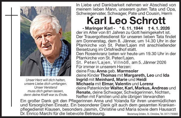 Traueranzeige von Karl Leo Schrott von Dolomiten