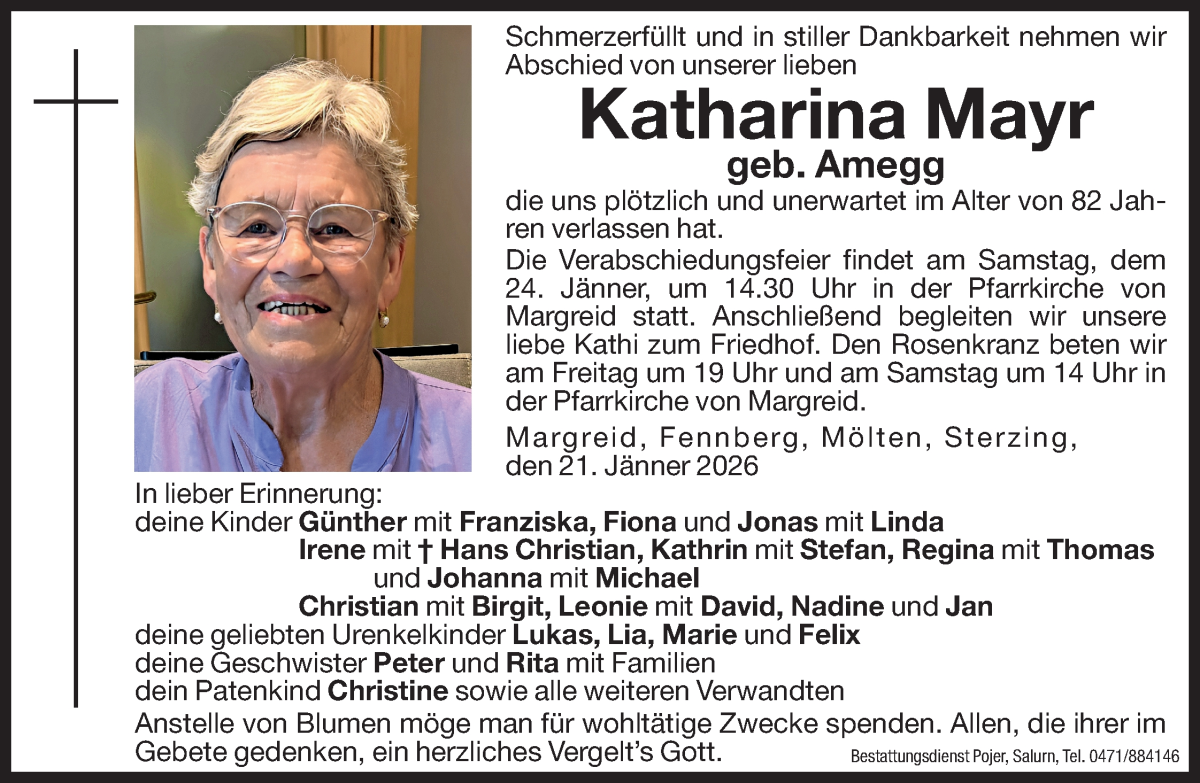  Traueranzeige für Katharina Mayr vom 22.01.2026 aus Dolomiten