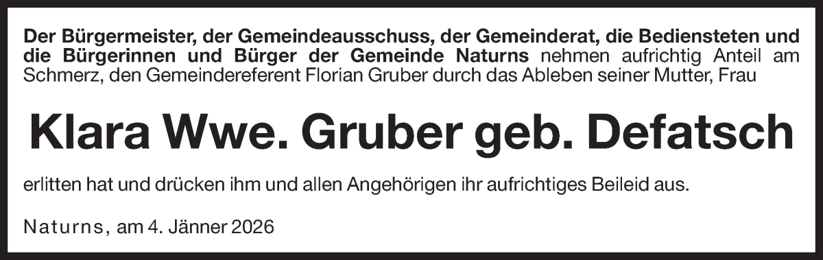  Traueranzeige für Klara Gruber vom 07.01.2026 aus Dolomiten