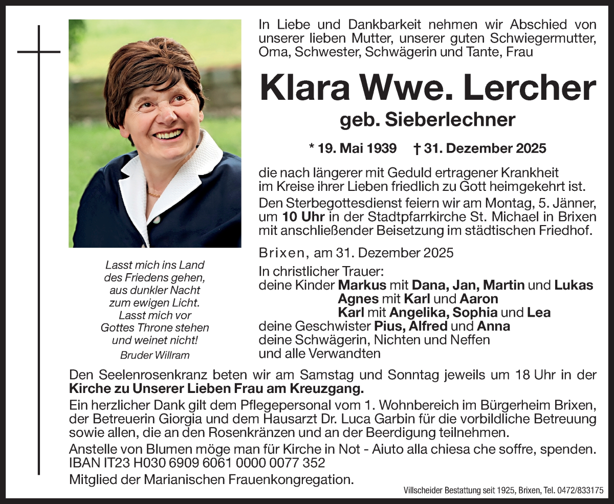  Traueranzeige für Klara Lercher vom 03.01.2026 aus Dolomiten