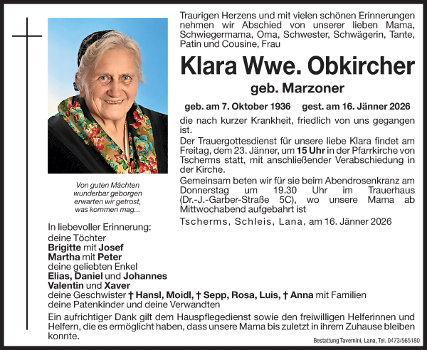 Traueranzeige von Klara Obkircher von Dolomiten