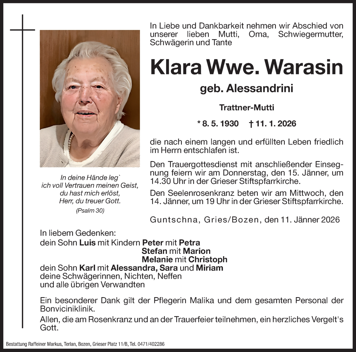  Traueranzeige für Klara Warasin vom 13.01.2026 aus Dolomiten