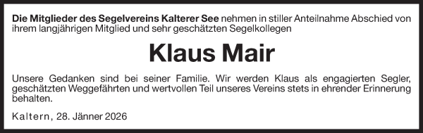 Traueranzeige von Klaus Mair von Dolomiten