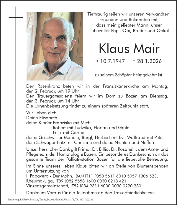 Traueranzeige von Klaus Mair von Dolomiten