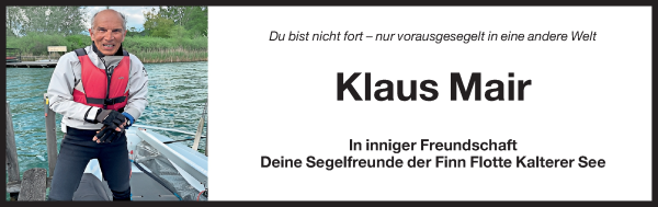 Traueranzeige von Klaus Mair von Dolomiten