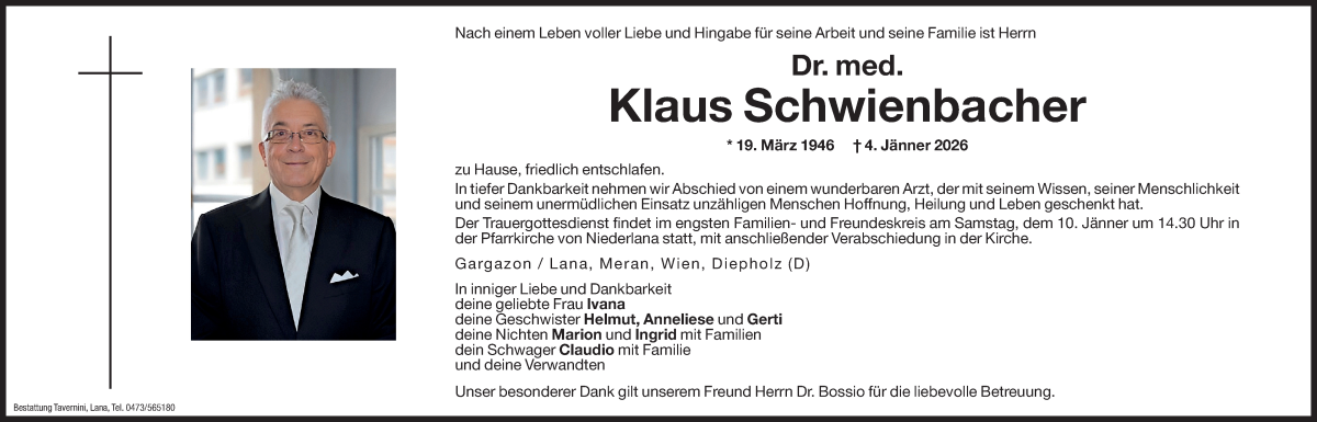  Traueranzeige für Klaus Schwienbacher vom 09.01.2026 aus Dolomiten