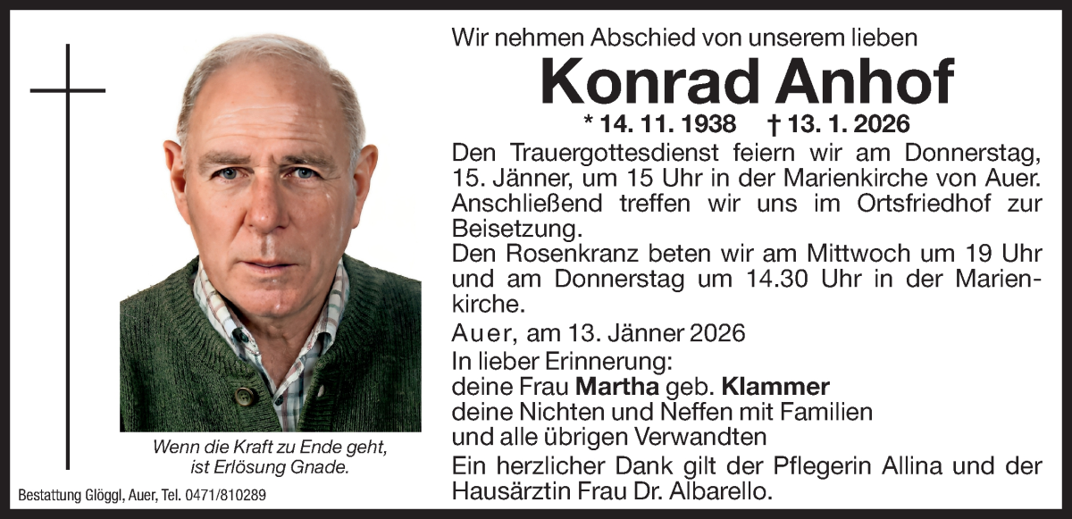  Traueranzeige für Konrad Anhof vom 14.01.2026 aus Dolomiten