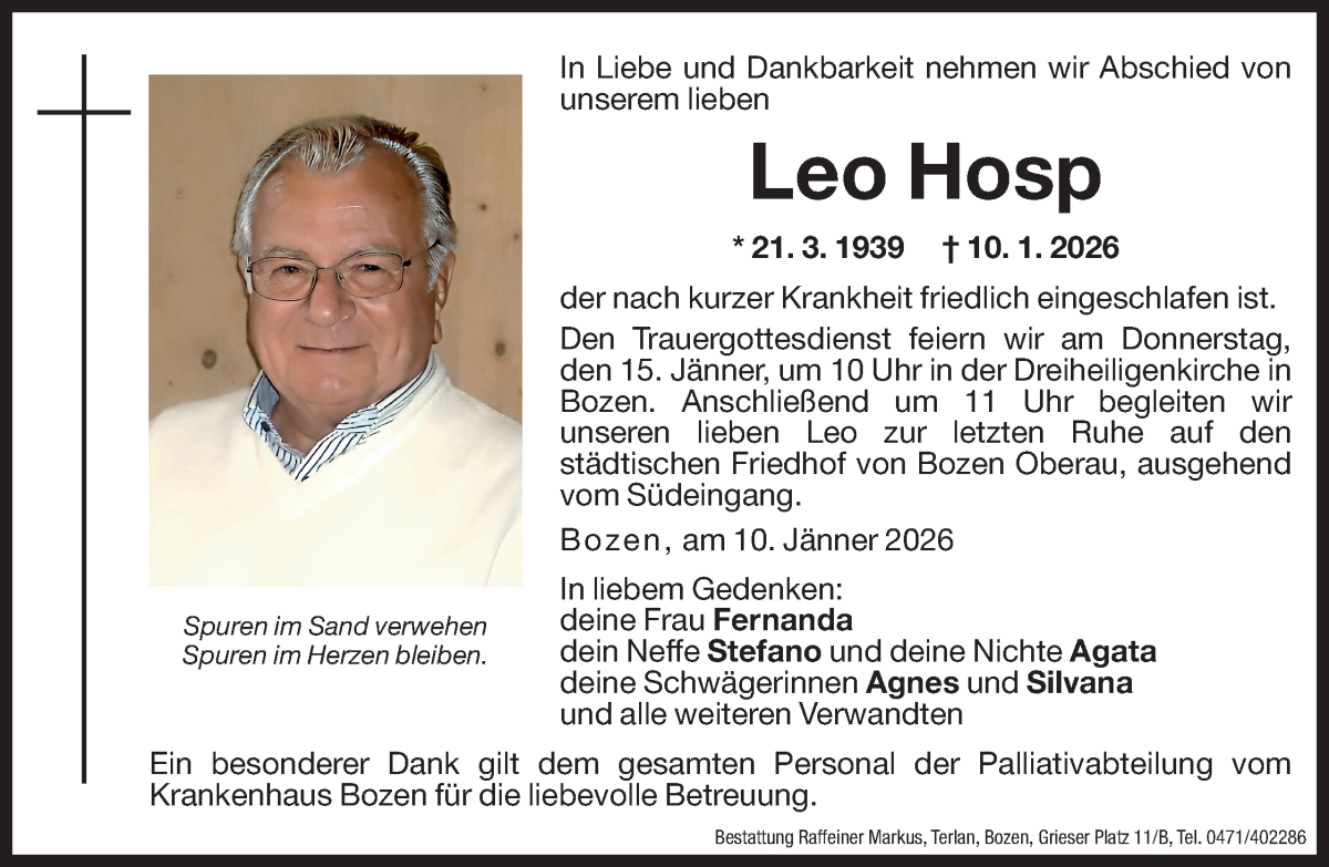  Traueranzeige für Leo Hosp vom 13.01.2026 aus Dolomiten