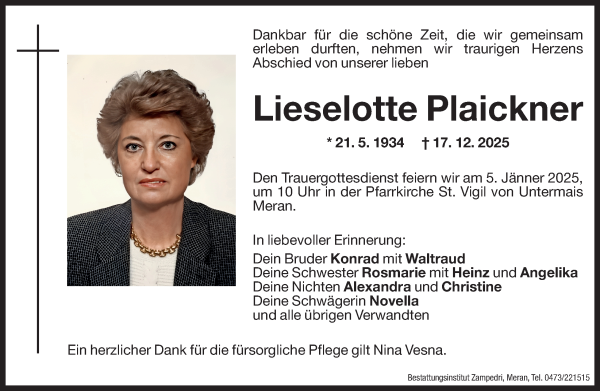 Traueranzeige von Lieselotte Plaickner von Dolomiten