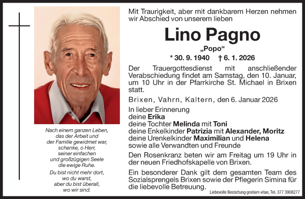 Traueranzeige von Lino Pagno von Dolomiten
