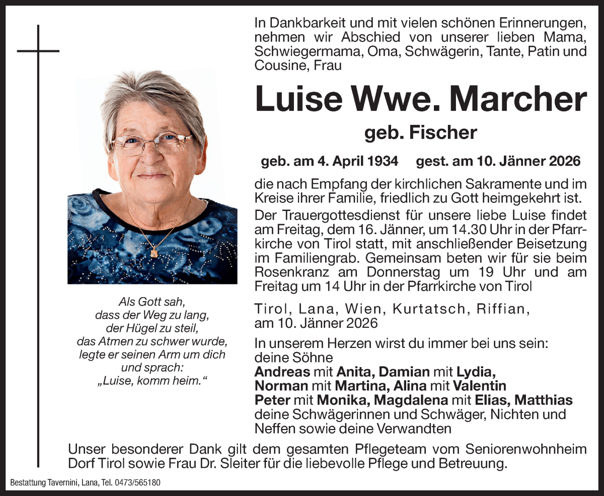  Traueranzeige für Luise Marcher vom 14.01.2026 aus Dolomiten