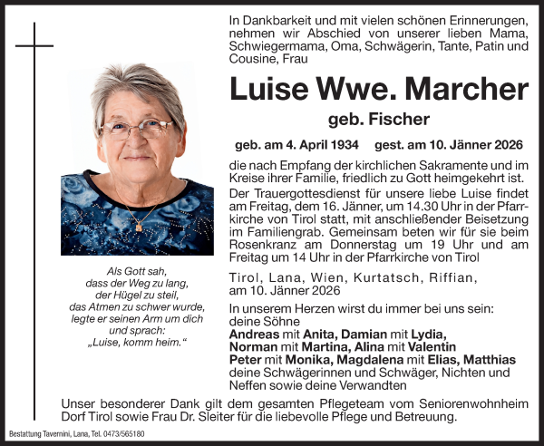 Traueranzeige von Luise Marcher von Dolomiten