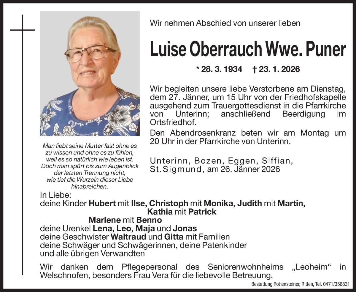  Traueranzeige für Luise Oberrauch Wwe. Puner vom 26.01.2026 aus Dolomiten