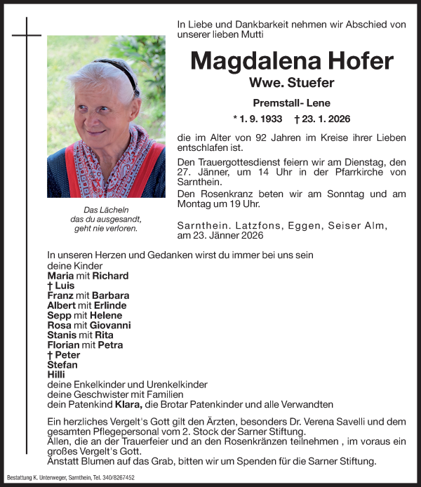 Traueranzeige von Magdalena Stuefer von Dolomiten