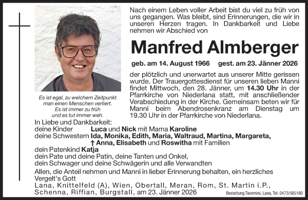 Traueranzeige von Manfred Almberger von Dolomiten