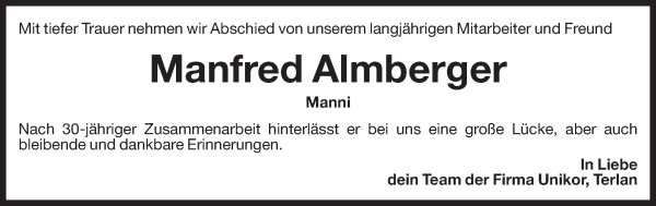 Traueranzeige von Manfred Almberger von Dolomiten