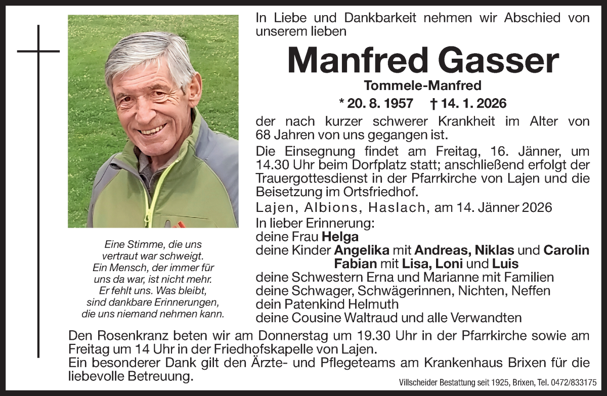  Traueranzeige für Manfred Gasser vom 15.01.2026 aus Dolomiten