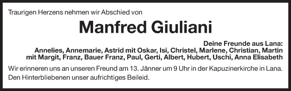 Traueranzeige von Manfred Giuliani von Dolomiten