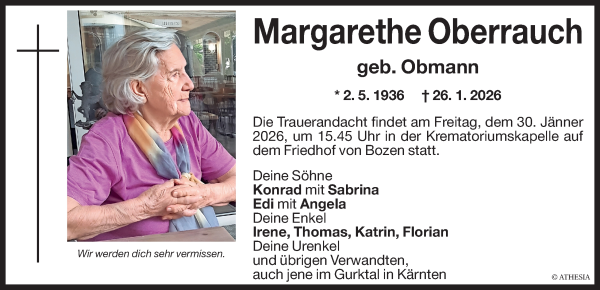 Traueranzeige von Margarethe Oberrauch von Dolomiten