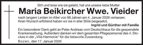 Traueranzeige von Maria Beikircher von Dolomiten