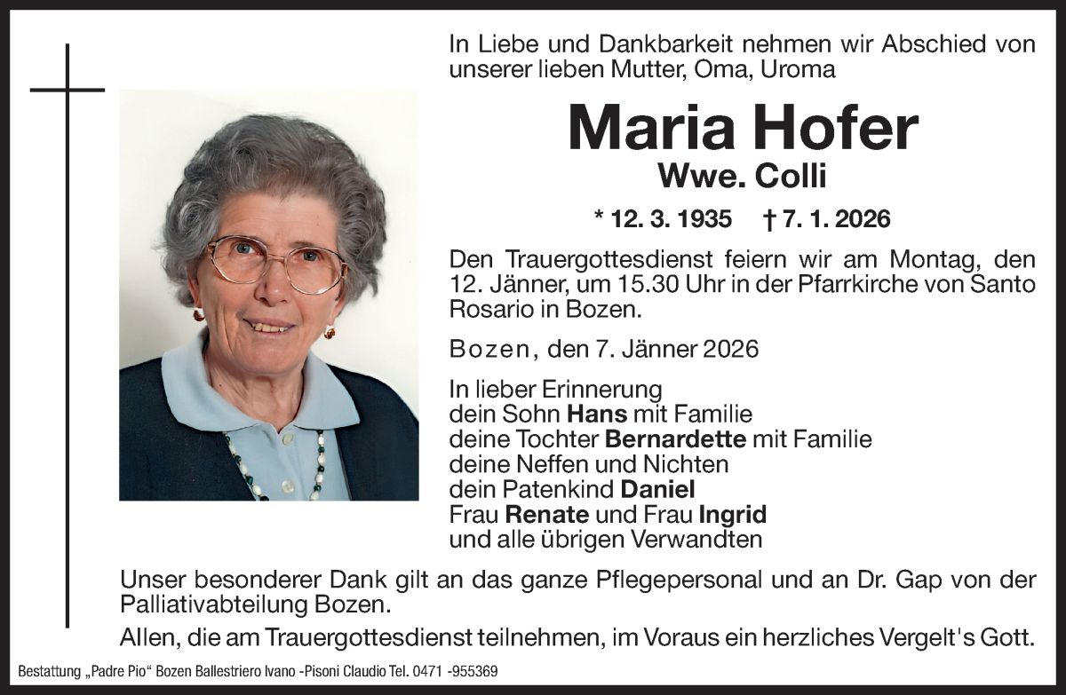  Traueranzeige für Maria Colli vom 10.01.2026 aus Dolomiten