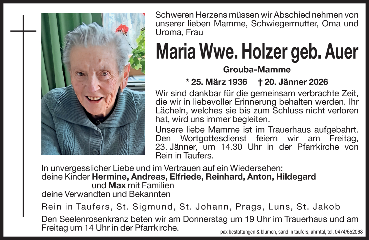  Traueranzeige für Maria Holzer vom 21.01.2026 aus Dolomiten