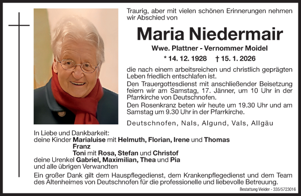 Traueranzeige von Maria Plattner von Dolomiten
