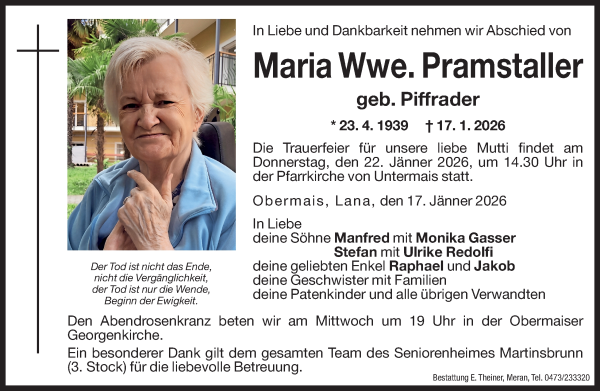 Traueranzeige von Maria Pramstaller von Dolomiten