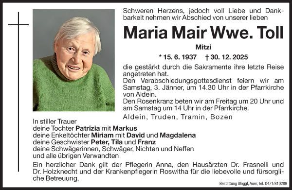 Traueranzeige von Maria Toll von Dolomiten