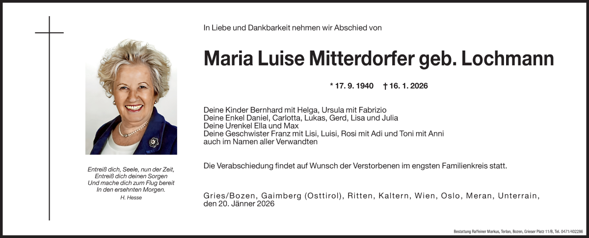  Traueranzeige für Maria Luise Mitterdorfer vom 20.01.2026 aus Dolomiten
