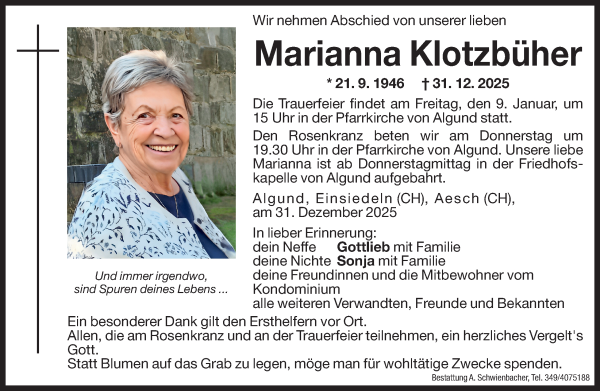 Traueranzeige von Marianna Klotzbüher von Dolomiten