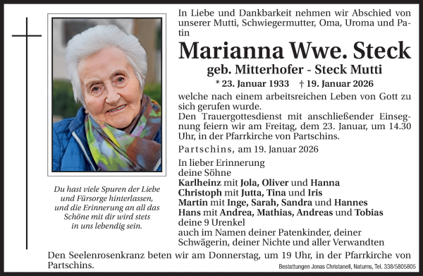 Traueranzeige von Marianna Steck von Dolomiten
