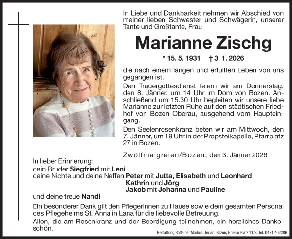 Traueranzeige von Marianne Zischg von Dolomiten