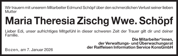 Traueranzeige von Maria Theresia Schöpf von Dolomiten