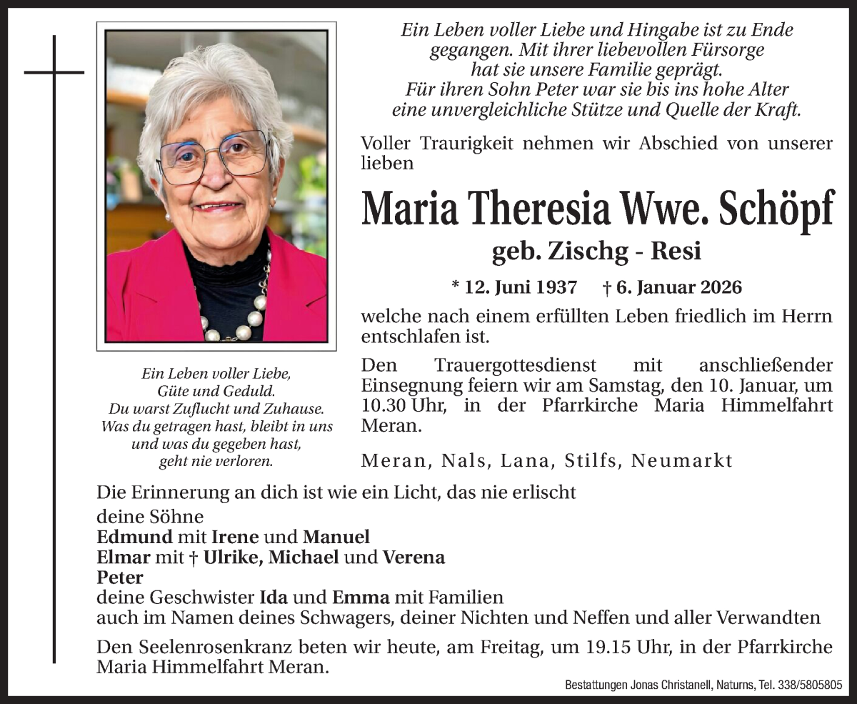  Traueranzeige für Maria Theresia Schöpf vom 09.01.2026 aus Dolomiten