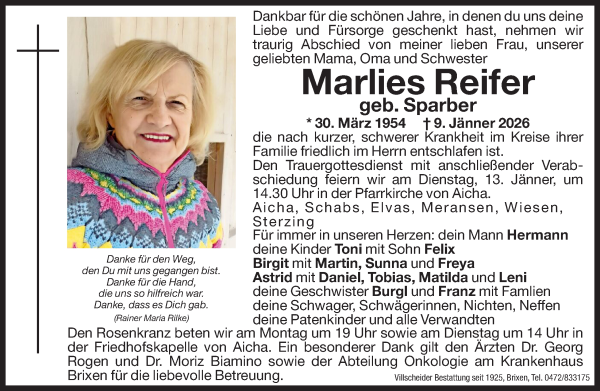 Traueranzeige von Marlies Reifer von Dolomiten