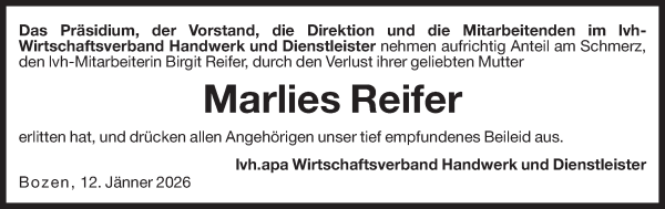 Traueranzeige von Marlies Reifer von Dolomiten