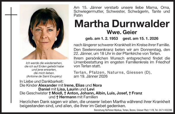 Traueranzeige von Martha Geier von Dolomiten