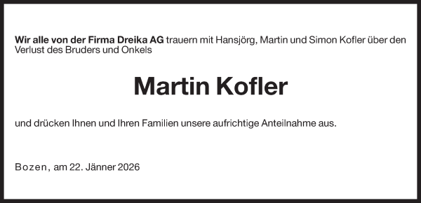 Traueranzeige von Martin Kofler von Dolomiten