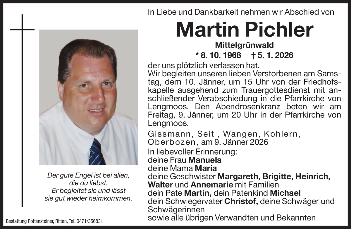  Traueranzeige für Martin Pichler vom 09.01.2026 aus Dolomiten
