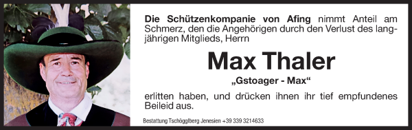 Traueranzeige von Max Thaler von Dolomiten