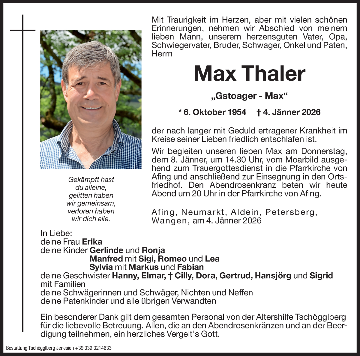 Traueranzeige für Max Thaler vom 07.01.2026 aus Dolomiten