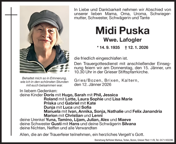 Traueranzeige von Midi Lafogler von Dolomiten