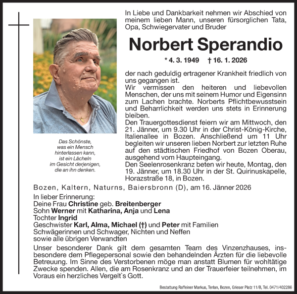 Traueranzeige von Norbert Sperandio von Dolomiten