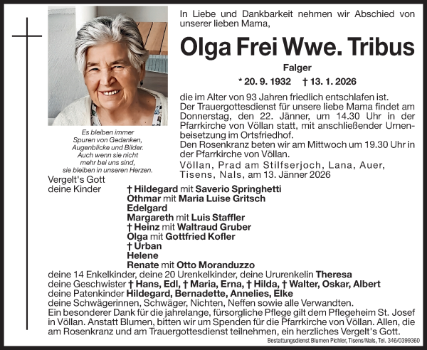 Traueranzeige von Olga Tribus von Dolomiten