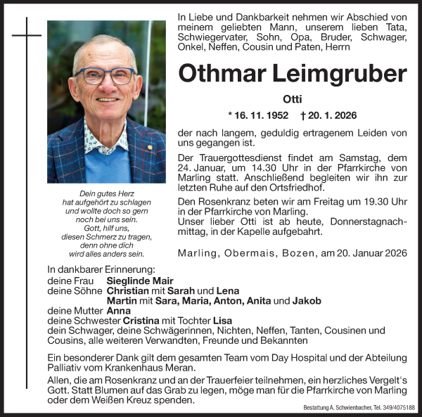 Traueranzeige von Othmar Leimgruber von Dolomiten