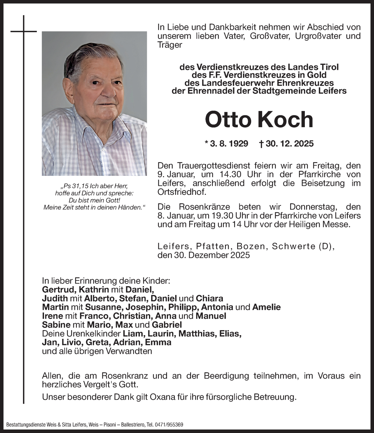  Traueranzeige für Otto Koch vom 07.01.2026 aus Dolomiten