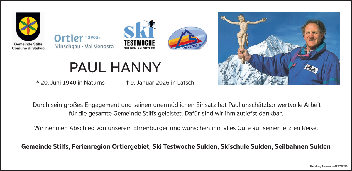  Traueranzeige für Paul Hanny vom 12.01.2026 aus Dolomiten